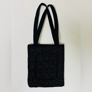 Vintage Silk Mini Purse Bag Black Made In India Beaded Padded With Handles